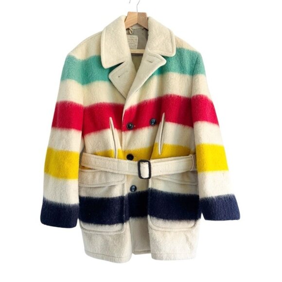VTG 60s Hudsons Bay Wool Striped Point Button Up Belted Blanket Coat Men’s Sz XL - Picture 1 of 16